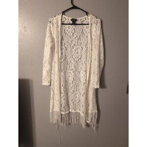 Questions Lace Long Fringe Trim Ivory Floral Boho Cardigan Size S